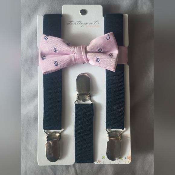 Pink Bow  Tie & Navy Blue Suspenders Set  New - Picture 1 of 3